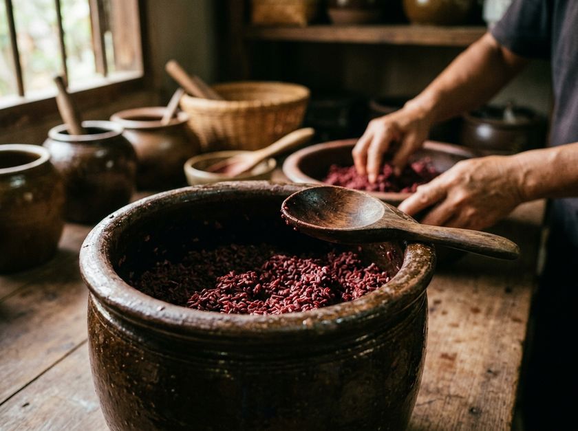 Fermentation von rotem Reis in einem traditionellen Steingutgefäß mit Holzschöpfer