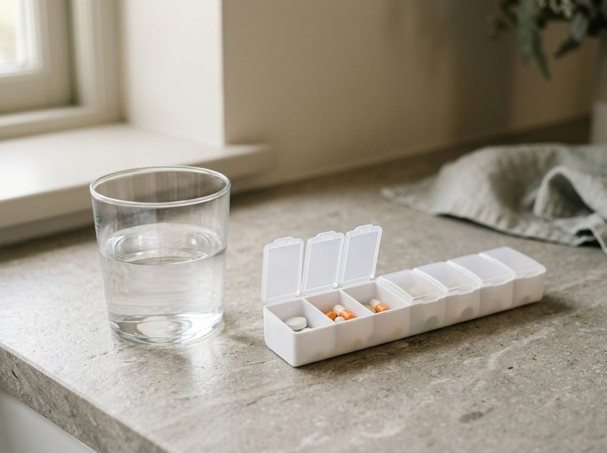 Glas Wasser und Tablettenbox als Sinnbild für Dosierung und Einnahme
