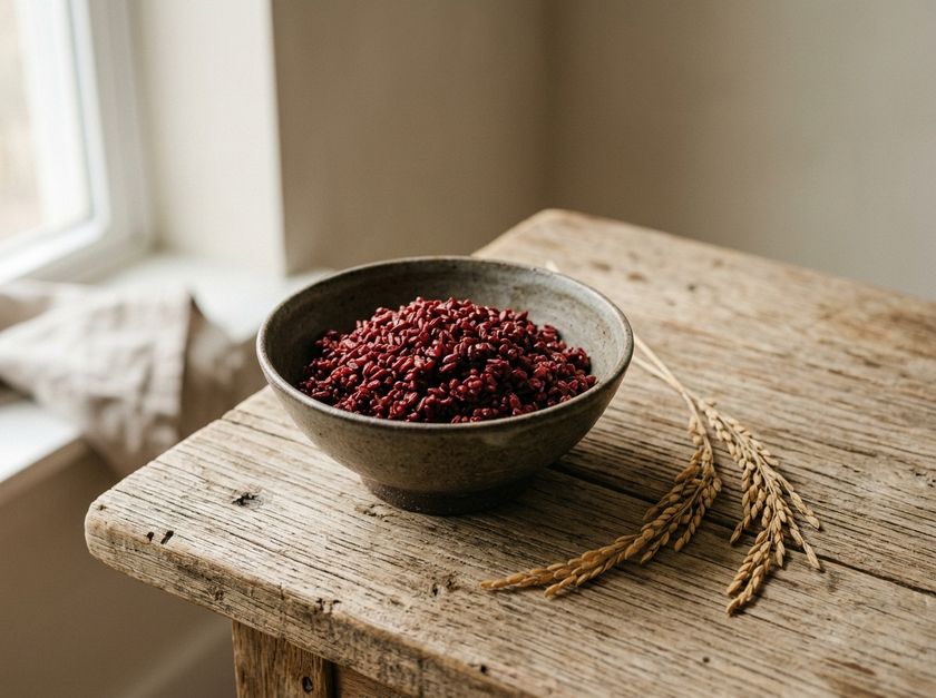 Handgemachte Keramikschale mit rotem fermentiertem Reis auf einem hellen Holztisch